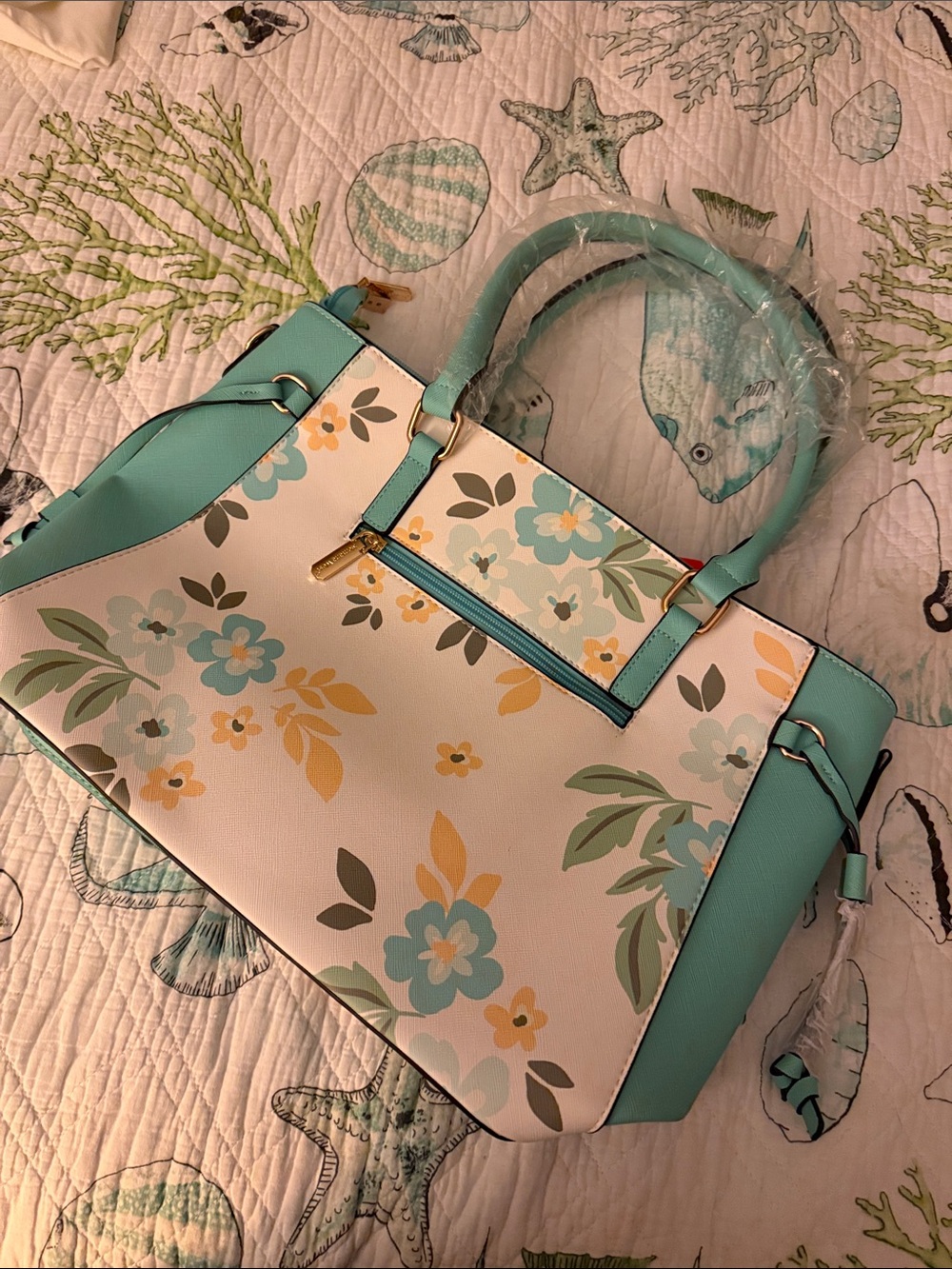 Montana West Floral Tote in White, Aqua and Yellow - Picture 3 of 4